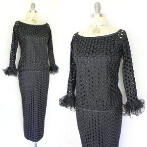 Vintage 80s CARLOS ARTURO ZAPATA skirt top dress set black crochet eyelet lace